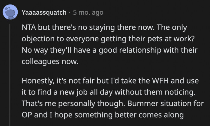 A commenter told OP that it might be wise to take her company's offer to work from home and use that as an opportunity to job hunt