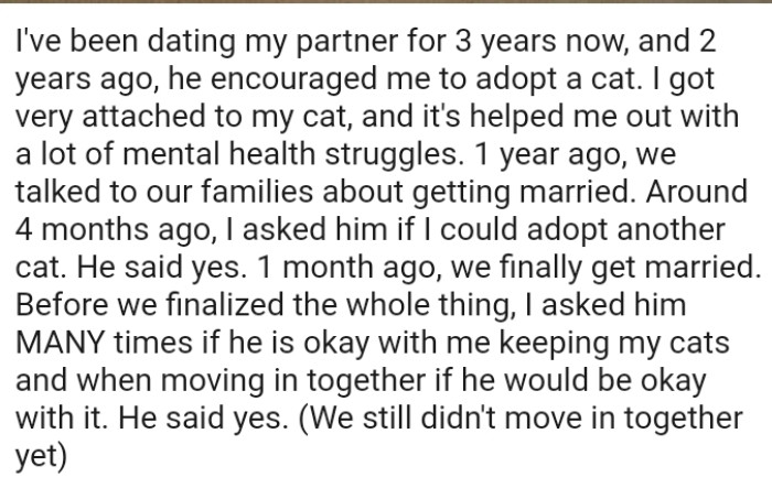 The OP asked him many times if he is okay with her keeping her cats