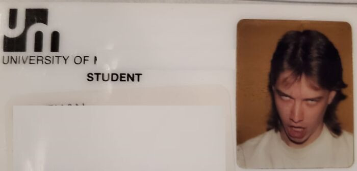 8. “Since it was requested, I only have my buddy’s college ID from the 80s. Yep, our id photo battle has been going on for decades!”