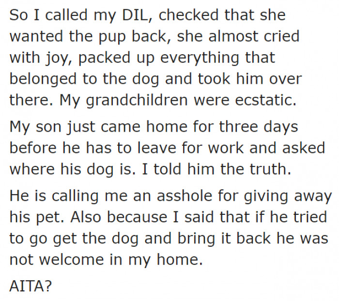 That's why the OP decided to give back the dog to her ex-daughter-in-law.