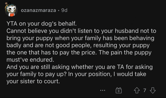 The sister should pay for the surgery since she caused this problem.