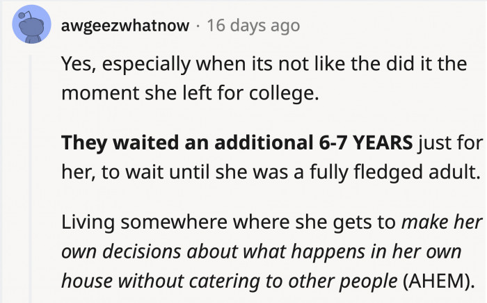 OP is worried that her older daughter would think she’s choosing the younger one over her, but this is another good point where they considered her needs as much as they could