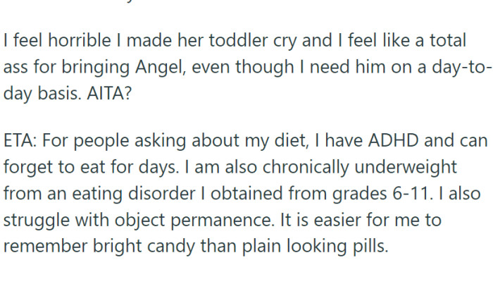 While OP regrets causing distress to Chloe's toddler, she argues that her medical condition and Angel's role as a service animal cannot be overlooked or dismissed.