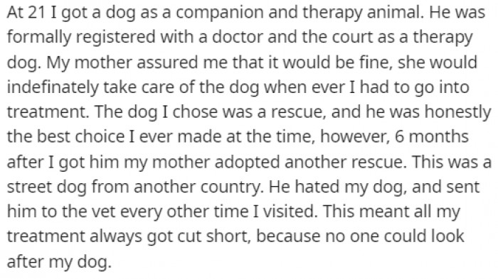 Her mother adopted another dog that never got along with OP's service dog.