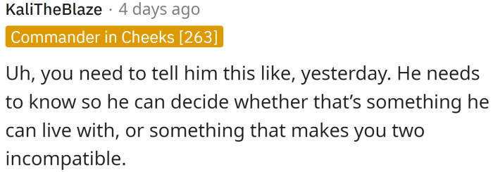 OP needs to tell her BF now