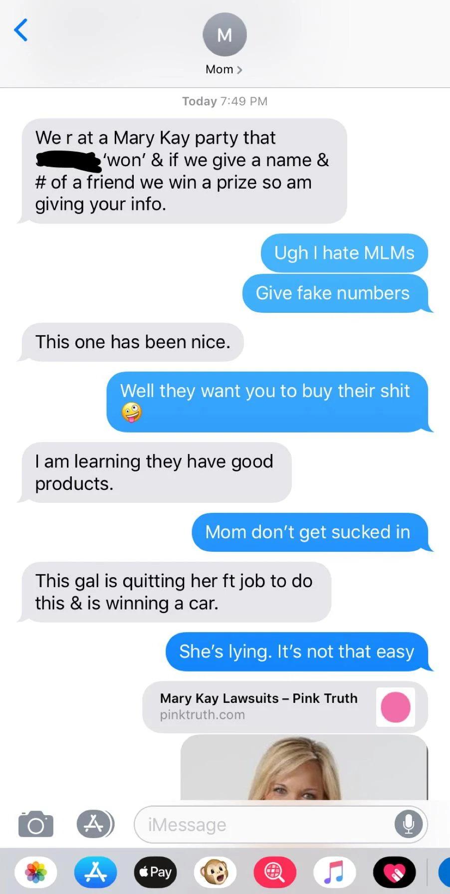 The OP posted a screenshot of a convo with her mom.