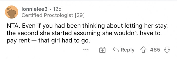 Yeah I'd have to agree because at the very least she should assume she can pay to stay there still.