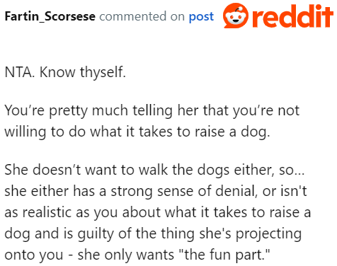 It's actually the girlfriend who just wants the fun part. This user points out that she's projecting her guilt onto the OP.