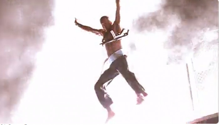 19. When McClane jumps from the roof in Die Hard: