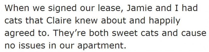 The OP and her roommate have cats that aren't making any mess in the apartment.