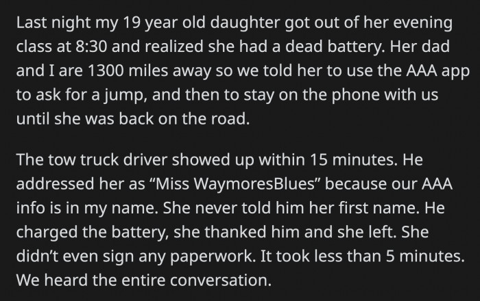 OP and her husband told their daughter to call AAA to assist her when her car won't start