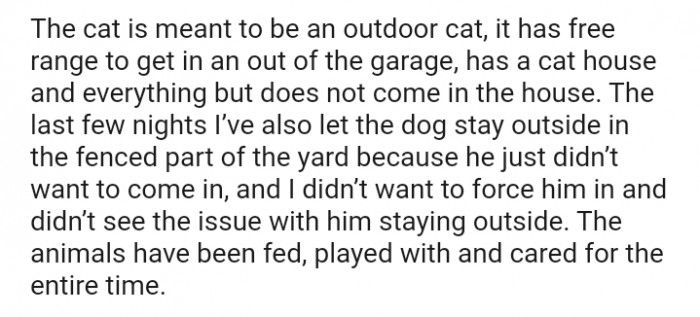 The cat is an outdoor cat