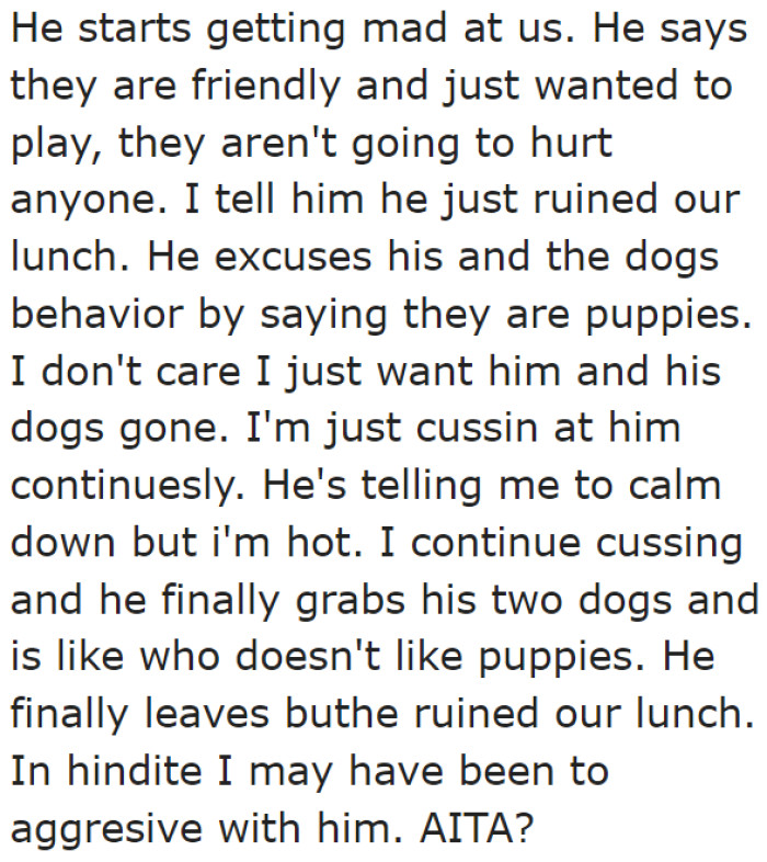 He kept cussing until the owner walked away with his two dogs.