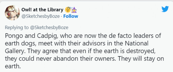 Pongo, Cadpig, and the rest of the cabinet gathered to discuss the offer. They all agreed that leaving their owners is out of the question, even if it means their death.