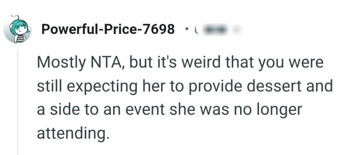 The OP was still expecting her to provide dessert
