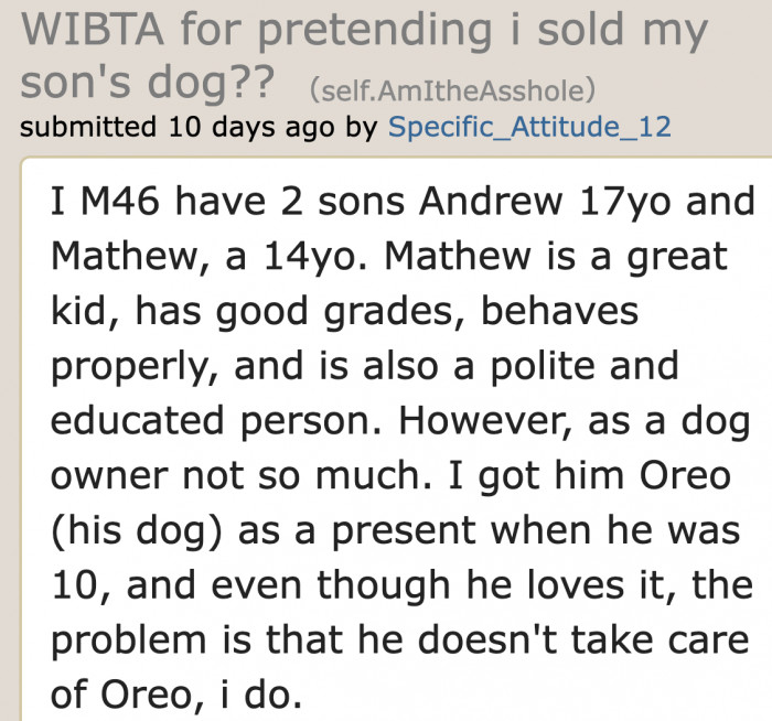 The original poster is a father who got a dog for his younger son as a gift.