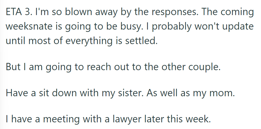 OP's now reaching out to couple, sister, and mom and meeting his lawyer.