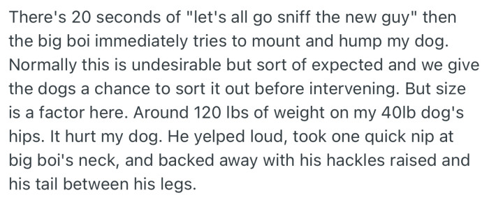 In a split second a much bigger dog of 120 lbs tried to mount OP’s 40 lbs dog. From the look of things, OP’s dog was very uncomfortable and was visibly anxious after the encounter