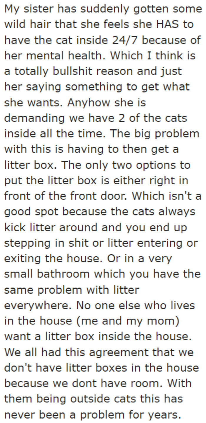 The OP's sister suddenly wanted to keep a few cats inside their home.