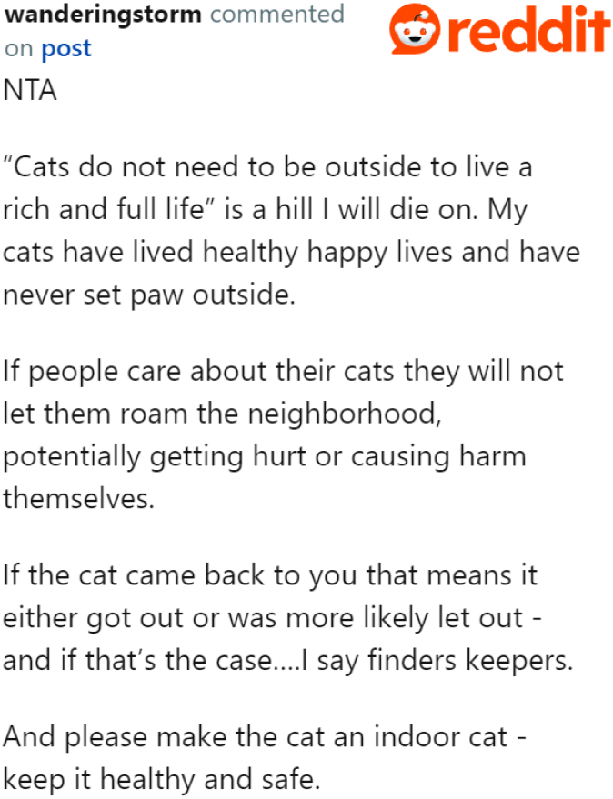 Responsible cat owners ensure their cats stay safe indoors rather than letting them wander and risk injury.