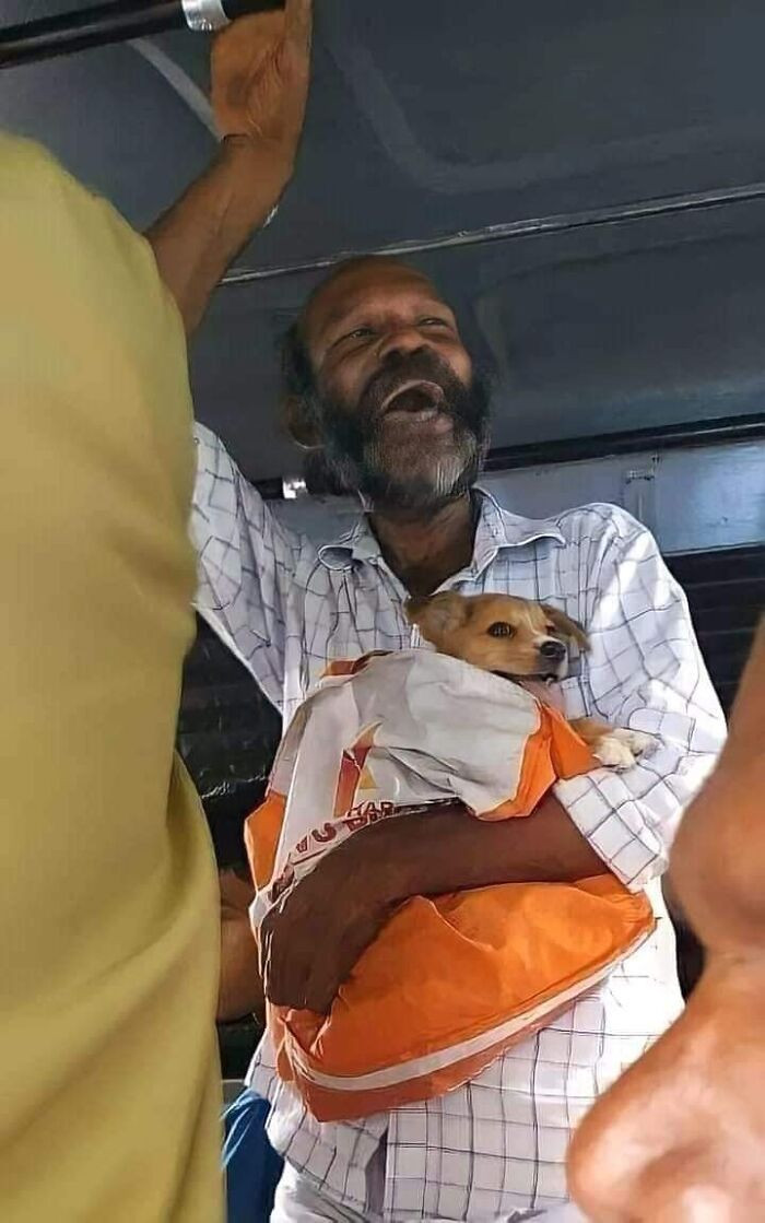 23. He may be in a bag, but he knows he’s the most important passenger on this route.