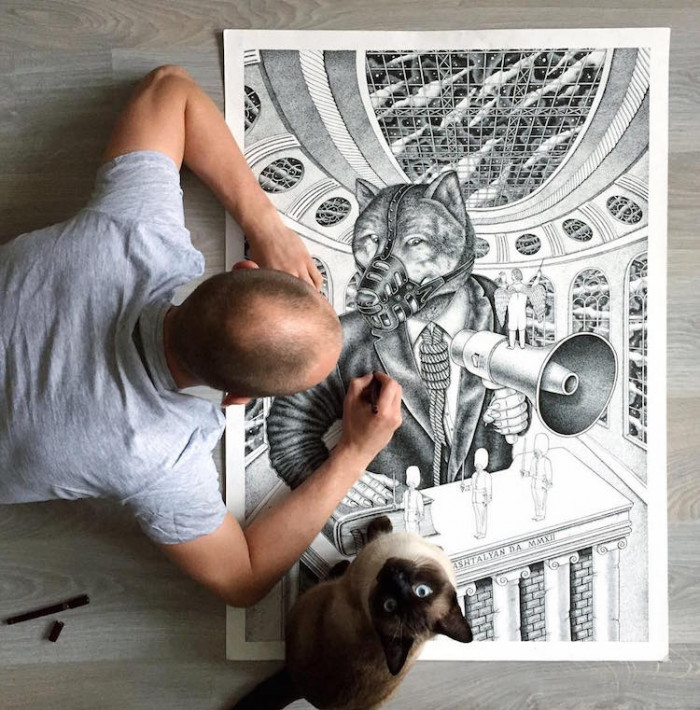 While most of his drawings are monochrome...