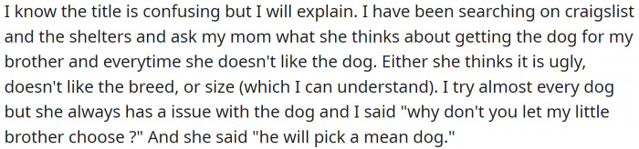OP wants to get a puppy for their little brother, but Mom keeps saying no to every dog they show her.
