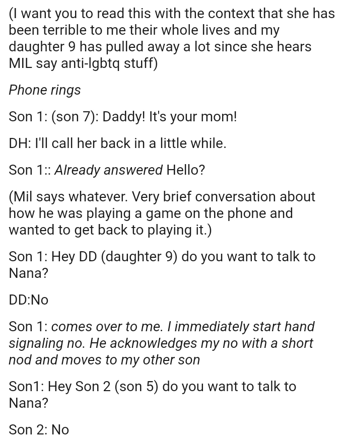 Very brief conversation about how her son was playing a game on the phone