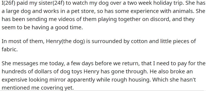 OP paid her sister to watch her dog, Henry, over a two-week holiday trip. OP's sister has a large dog and works in a pet store, so she has some experience with animals.