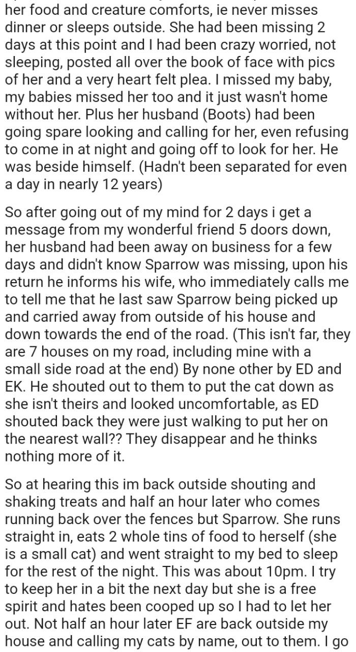 The neighbor's husband had been away on business for a few days and didn't know OP's cat was missing