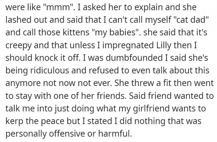 Apparently, him calling the kittens his babies was the final straw for her.