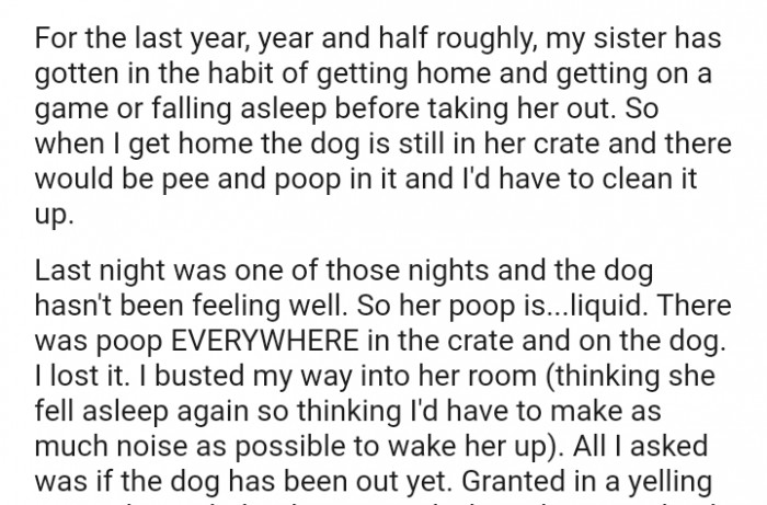 The OP gets home and the dog is still in her crate