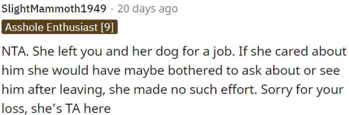 She left OP and her dog for a job, showing no care for him afterward