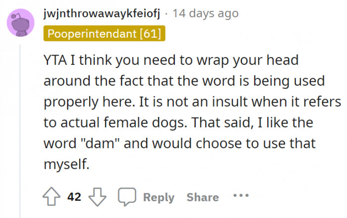 They are using the word in the correct context, towards the correct noun–a female dog. Wanting to use the term “dam” (instead of the other one) is a preference.