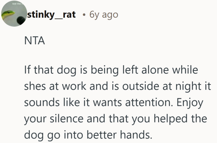 Quiet nights are nice, but the bigger relief here might be knowing the dog got more attention.