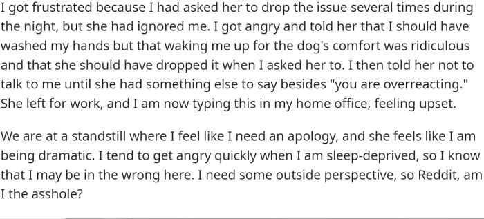 The next morning, OP woke up in a bad mood and asked his SO for an apology for waking him up in the middle of the night. However, his SO told him that it was his fault for not washing his hands and that he was overreacting.