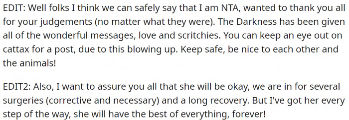 OP is taking great care of the cat, and it is finally happy and safe.