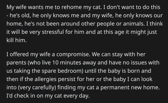 Or will you insist on keeping your cat in a secluded part of the house so as not to stress him with a move and, at the same time, lessen his interaction with your wife?