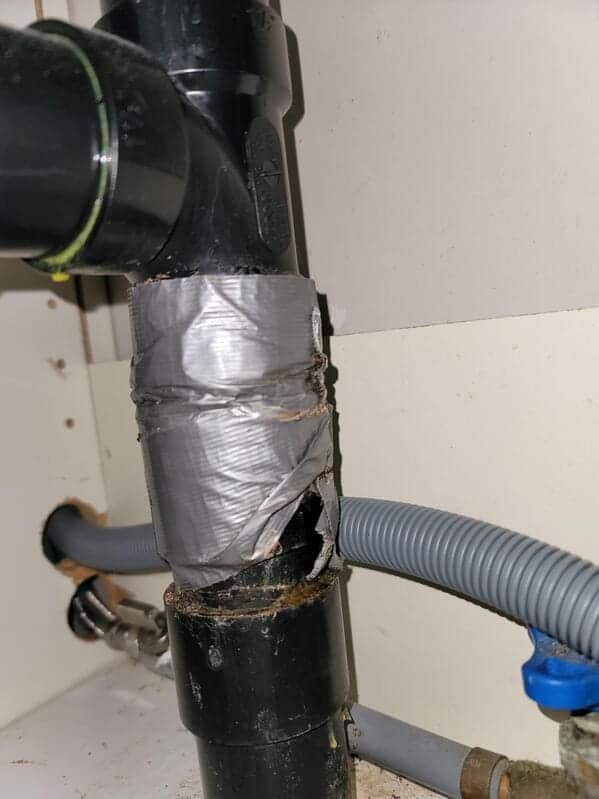 21. “Hired a local contractor to fix a leak under my kitchen sink a few years ago. I never inspected his work. Installing a dishwasher today and this is how he repaired it.”