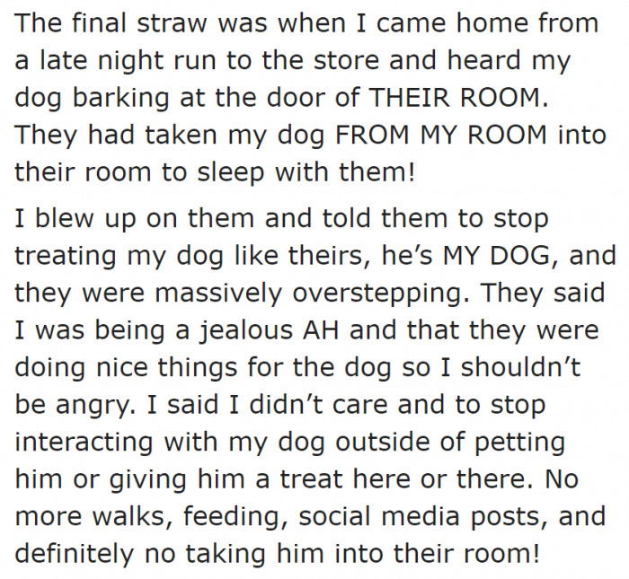 They started crossing boundaries by taking the dog from her room so that it would sleep with them in their room.