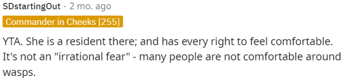 Resident's comfort and fear of wasps are valid concerns.