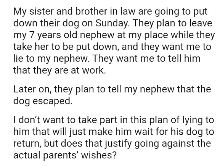 The OP doesn’t want to take part in this plan of lying to the nephew that will just make him wait for his dog