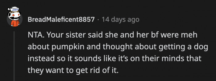 OP wouldn't be an a**hole if she asks whether she can buy Pumpkin from her sister since they are not as enthusiastic about having her