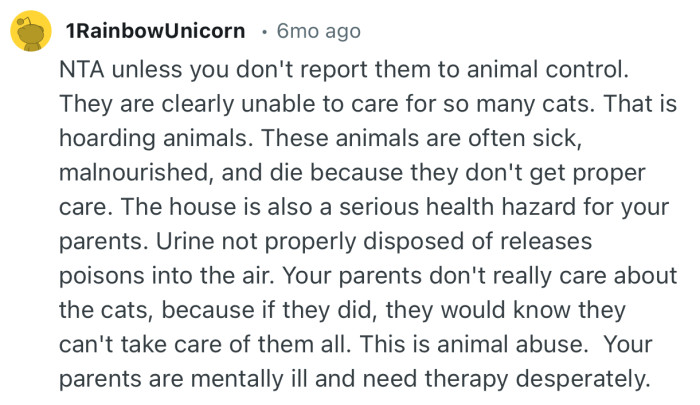 “Your parents don't really care about the cats, because if they did, they would know they can't take care of them all.”