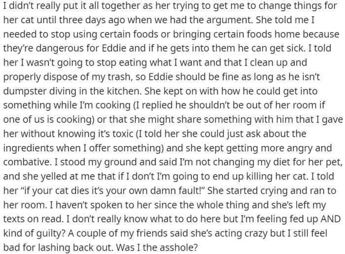 OP refused to change her eating habits or adjust her behavior for the cat's safety, leading to a heated exchange where hurtful words were said.