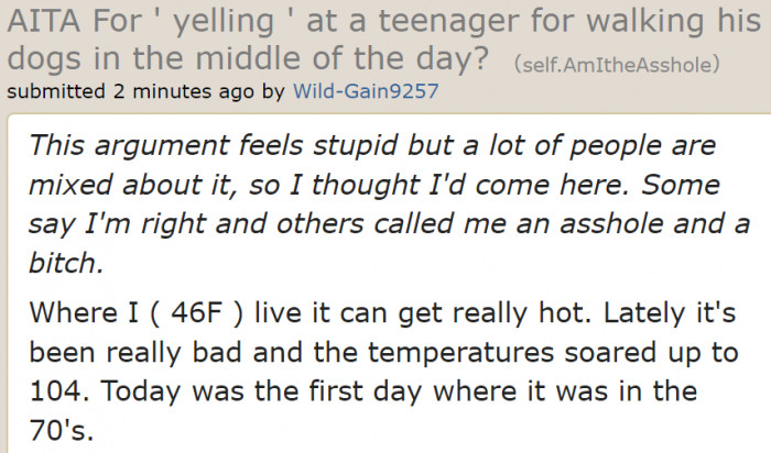 The woman describes the temperature the day she saw her neighbor walking his dogs.