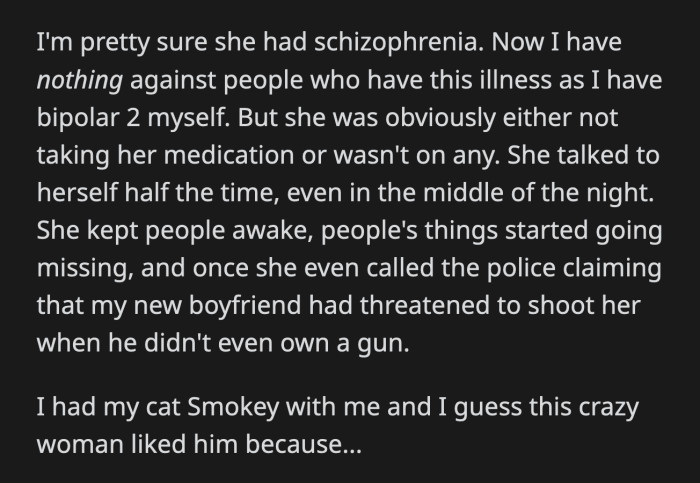 OP woke up and her cat just wasn't there. The newcomer denied any knowledge about it, but refused to meet OP's eyes.