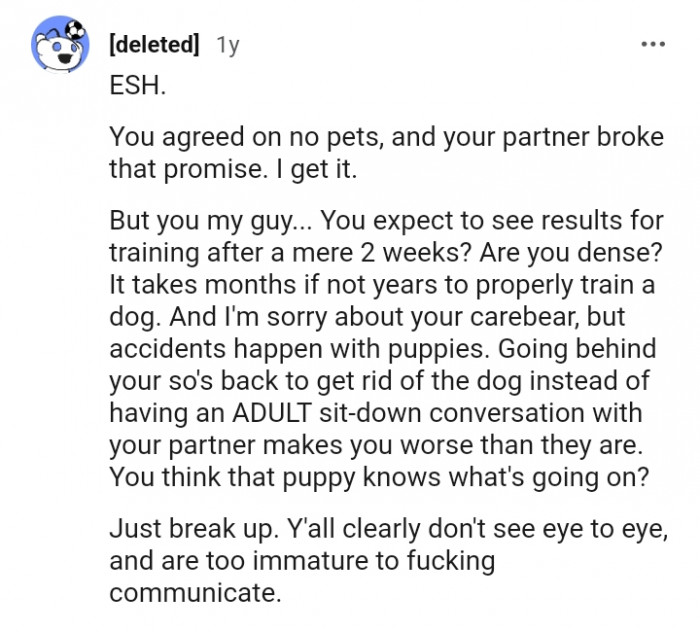 It takes months, if not years, to train a dog