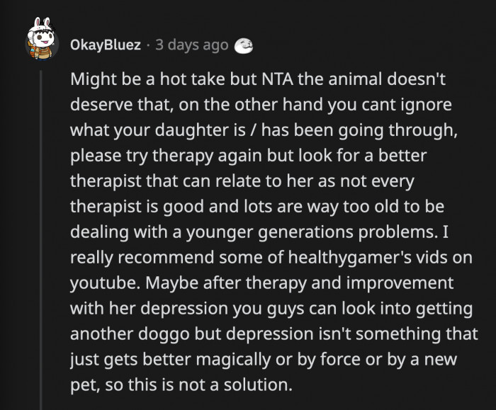 One Thing OP Has to Focus On Is Encouraging His Daughter to Go Back to Therapy. The Dog May Have Helped Her Feel Better for a While, but It Wasn't the Solution to Her Depression and Anxiety.