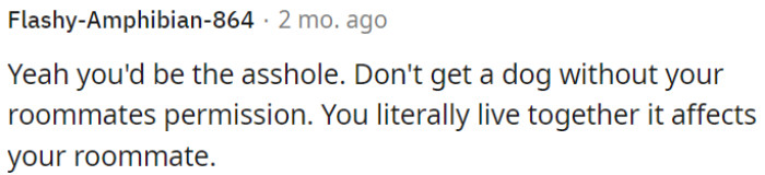 Getting a dog without a roommate's permission when you live together makes OP the ass...e